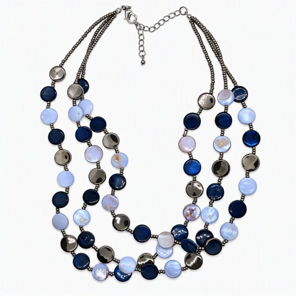Noessla Blue Gray Silver Iridescent Glass Disc Triple Strand Beaded Necklace